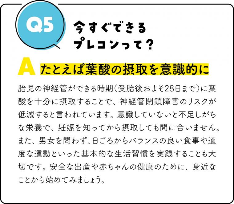 Q5　今すぐできるプレコンって？　A　たとえば葉酸の摂取を意識的に